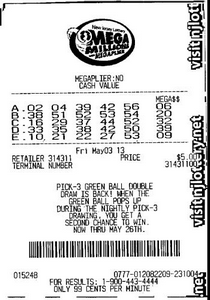 Copie scannée de mon ticket MegaMillions acheté aux USA par TheLotter